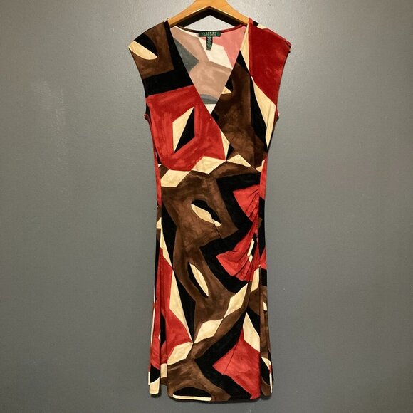 Lauren Ralph Lauren Women M Dress Red Black Body Con Stretch V Neck Sleeveless - Picture 1 of 7